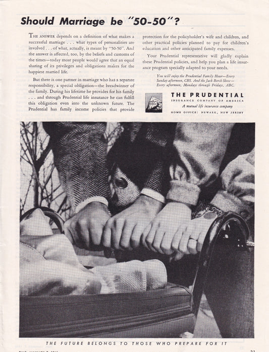 1946 Sexist Original Vintage Magazine Ad - Rare Americana Prudential Insurance Should Marriage be 50/50