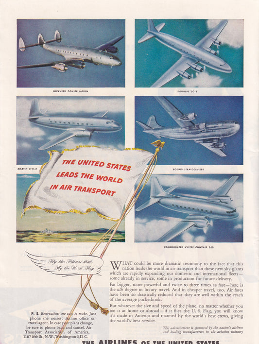 1946 Original Vintage Magazine Ad - Rare Americana  Airlines of America Lockheed Douglas Boeing