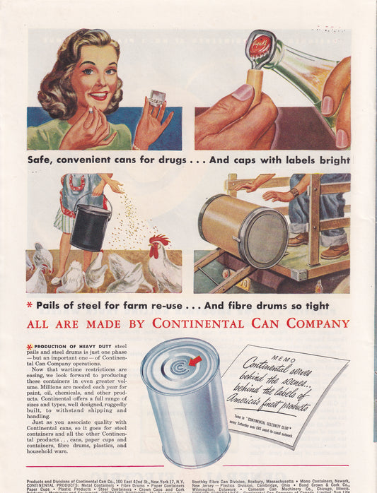 1946 Original Vintage Magazine Ad - Rare Americana - Continental Can Company