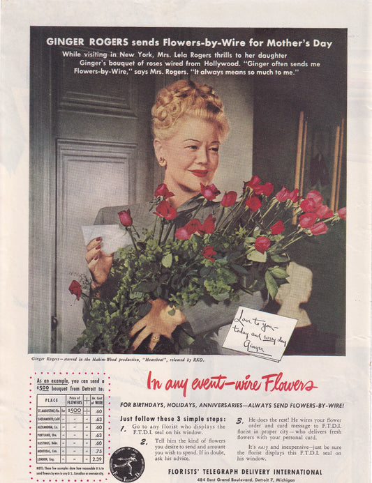 1946 Original Vintage Magazine Ad - Rare Americana - Florists Telegraph Delivery FTD Flowers Ginger Rogers Heartbeat