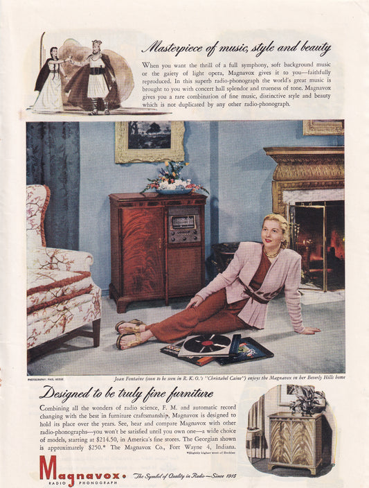 1946 Original Vintage Magazine Ad - Rare Americana - Magnavox Radio Phonograph Joan Fontaine