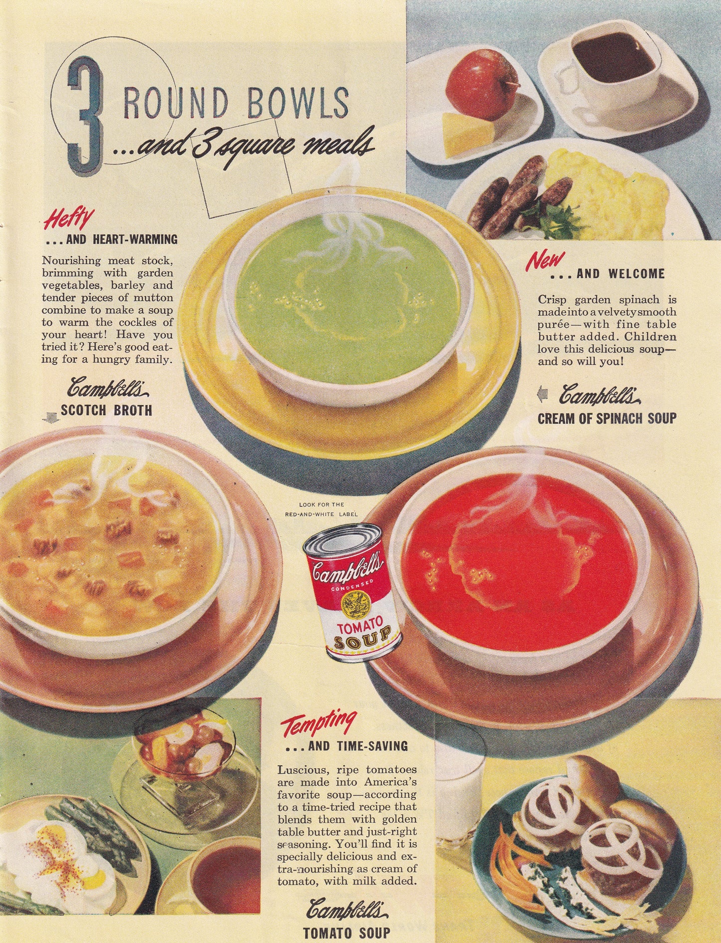 1946 Original Vintage Magazine Ad - Rare Americana - Campbell's Tomato Soup 3 Round Bowls