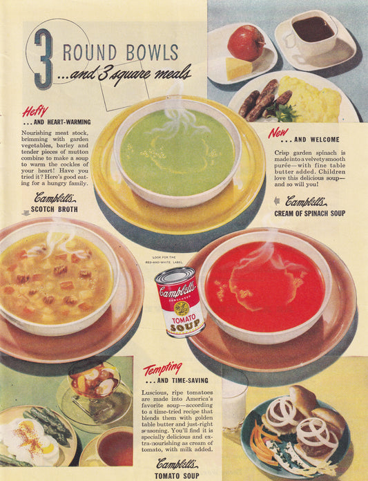 1946 Original Vintage Magazine Ad - Rare Americana - Campbell's Tomato Soup 3 Round Bowls
