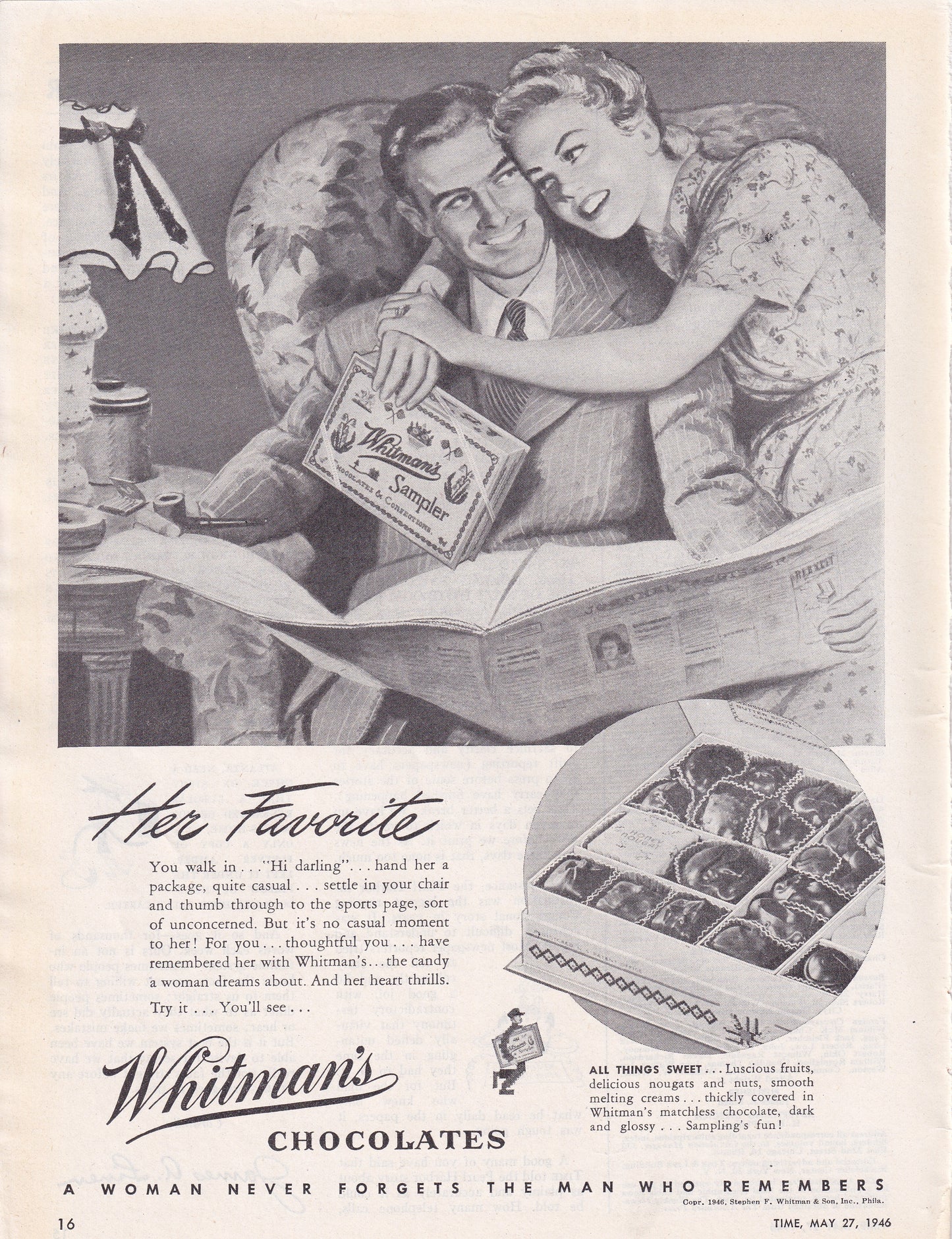 1946 Original Vintage Magazine Ad - Rare Americana - Whitman's Chocolate Sampler Her Favorite
