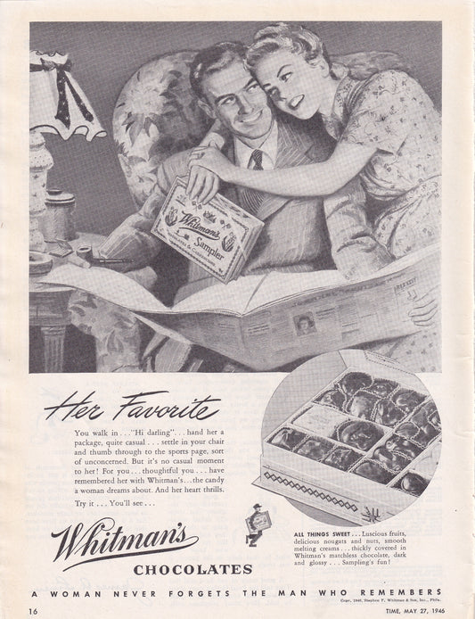 1946 Original Vintage Magazine Ad - Rare Americana - Whitman's Chocolate Sampler Her Favorite