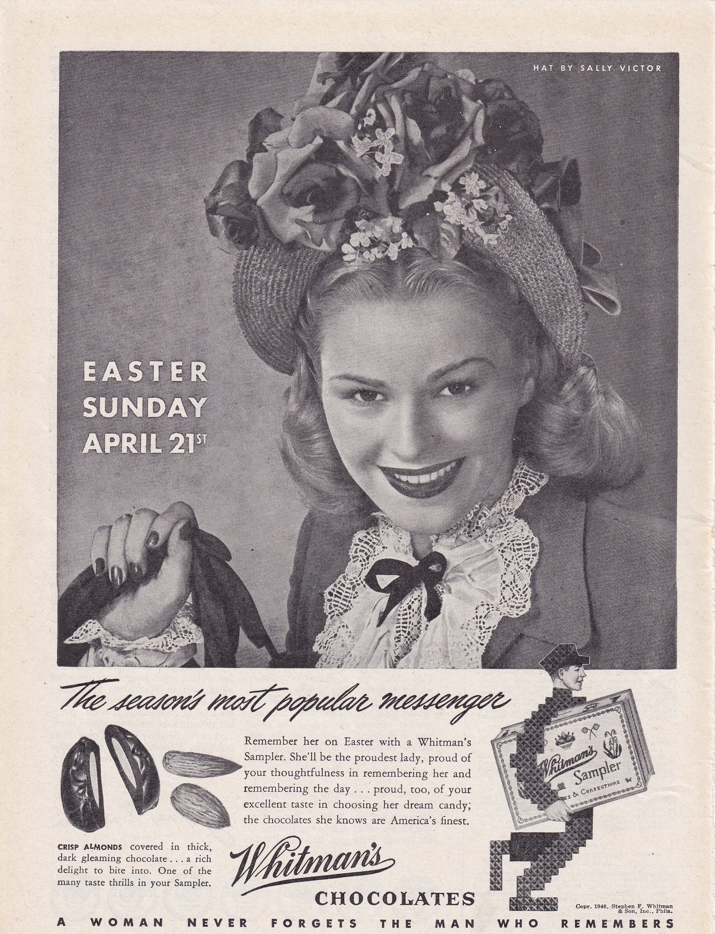 1946 Original Vintage Magazine Ad - Rare Americana - Whitman's Chocolate Sampler Easter Sunday April 21st