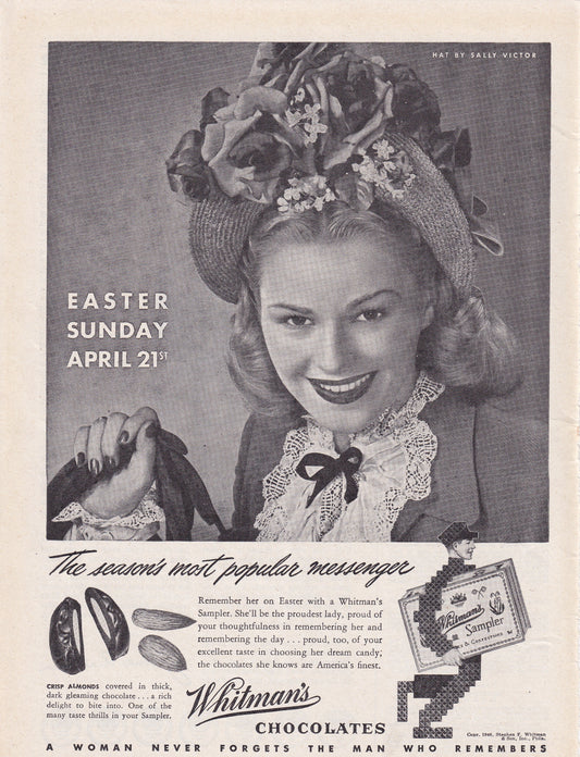 1946 Original Vintage Magazine Ad - Rare Americana - Whitman's Chocolate Sampler Easter Sunday April 21st