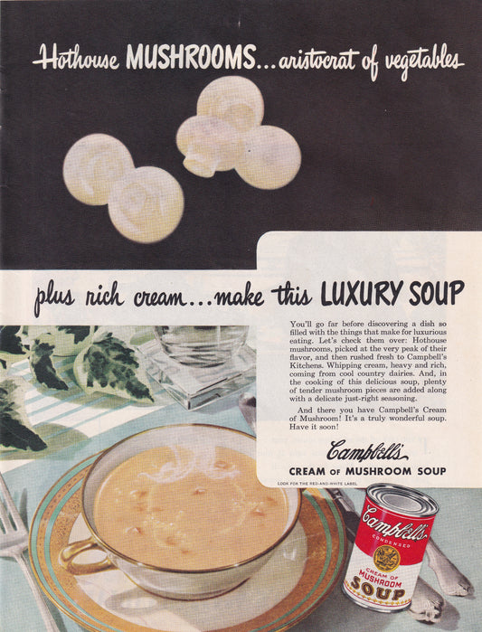 1946 Original Vintage Magazine Ad - Rare Americana - Campbell's Mushroom Soup Aristocrat of Vegetables