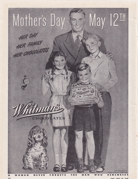 1946 Original Vintage Magazine Ad - Rare Americana - Whitman's Chocolate Sampler Mother's Day May 12th Family Portrait