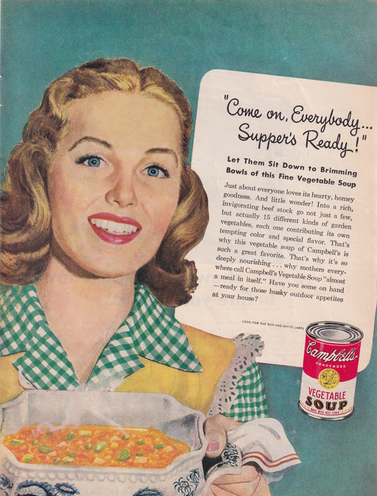1946 Original Vintage Magazine Ad - Rare Americana - Campbell's Vegetable Soup Mom Supper's Ready
