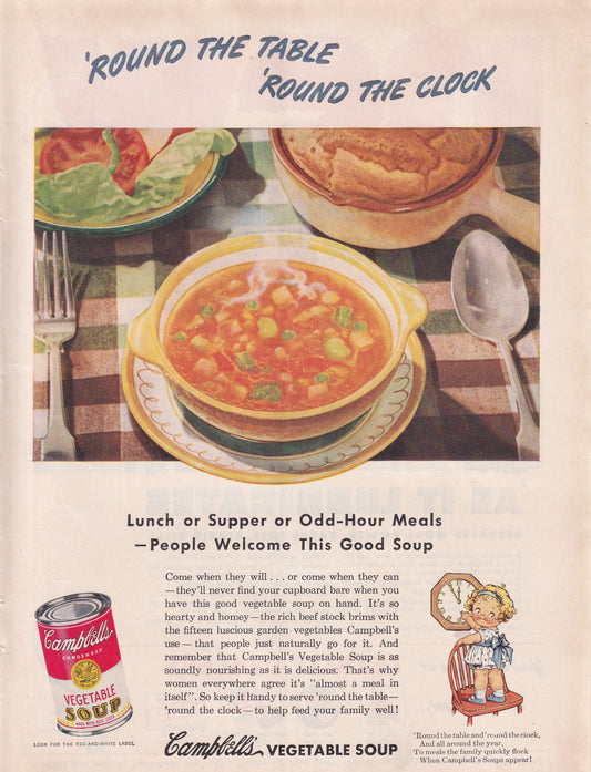 1946 Original Vintage Magazine Ad - Rare Americana - Campbell's Vegetable Soup Round the Table Round the Clock
