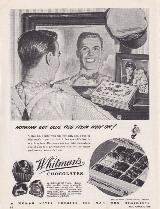 1946 Original Vintage Magazine Ad - Rare Americana - Whitman's Chocolate Sampler Soldier