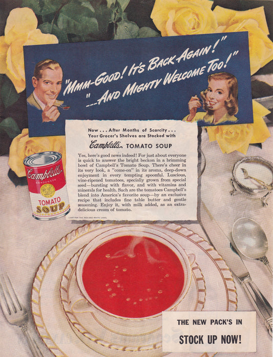 1946 Original Vintage Magazine Ad - Rare Americana - Campbell's Tomato Soup Stock Up Now