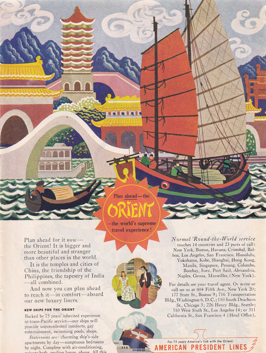 1946 Original Vintage Magazine Ad - Rare Americana - American President Lines Orient Chinese Food