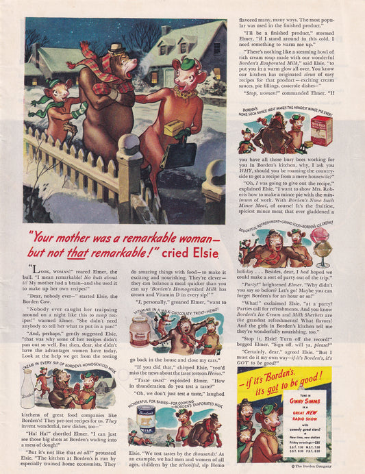 1946 Original Vintage Magazine Ad - Rare Americana - Borden's Dairy Cow Bull Family Your Mother was not THAT Remarkable