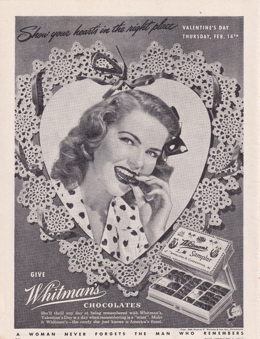 1946 Original Vintage Magazine Ad - Rare Americana - Whitman's Chocolate Sampler Valentine's Day Feb 14