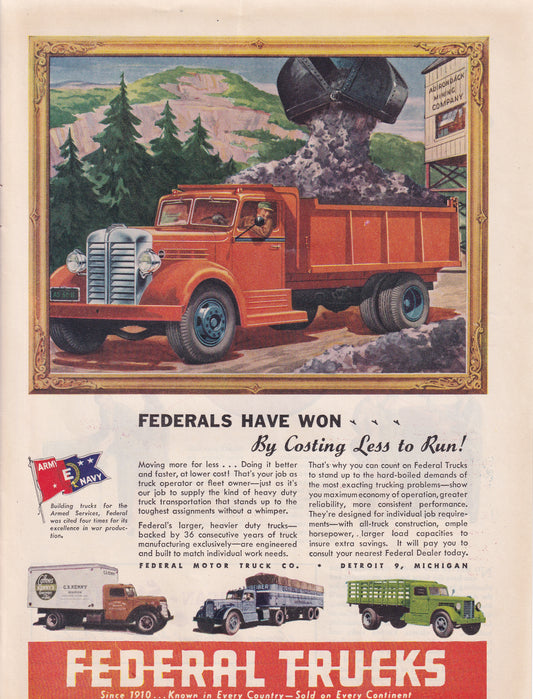 1946 Original Vintage Magazine Ad - Rare Americana - Federal Trucks Loaded Dump Truck