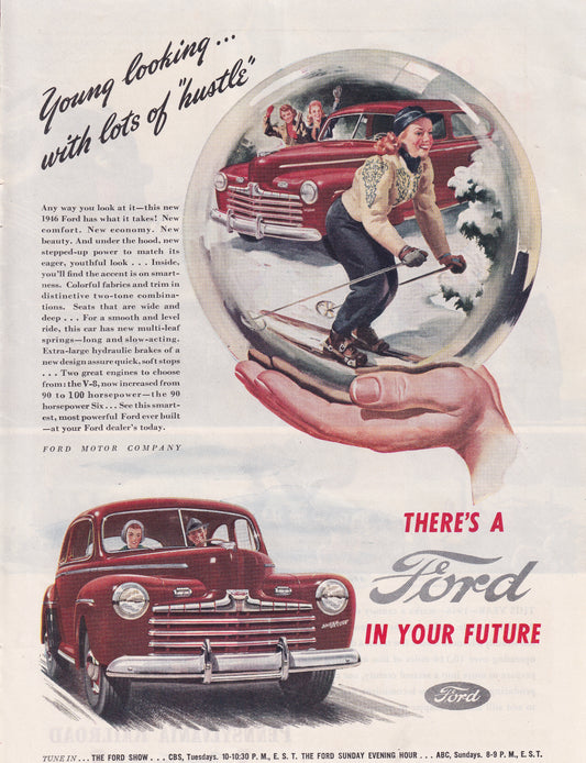 1946 Original Vintage Magazine Ad - Rare Americana - Ford Auto Ford in the Future Young Looking Girl Skiing