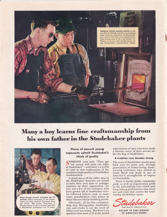1946 Original Vintage Magazine Ad - Rare Americana - Studebaker Many a Boy Learns From his Father