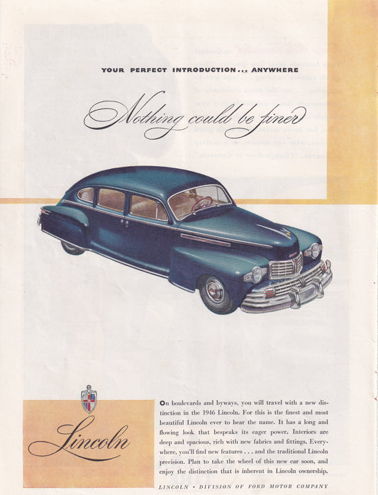 1946 Original Vintage Magazine Ad - Rare Americana - Lincoln Continental Nothing Could be Finer