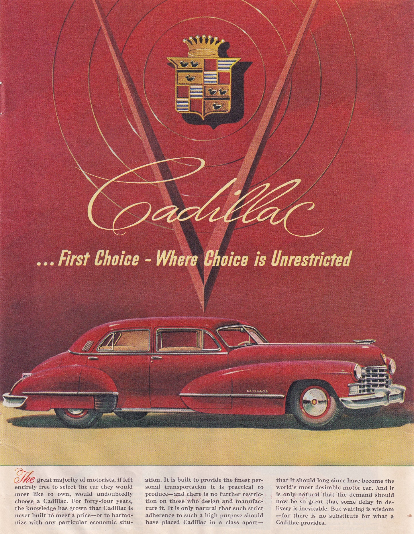 1946 Original Vintage Magazine Ad - Rare Americana - Cadillac First Choice for 44 Years