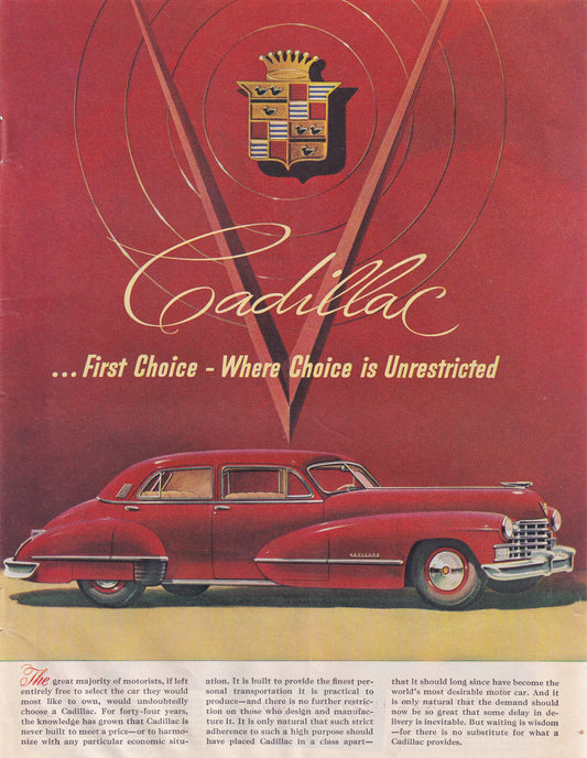 1946 Original Vintage Magazine Ad - Rare Americana - Cadillac First Choice for 44 Years