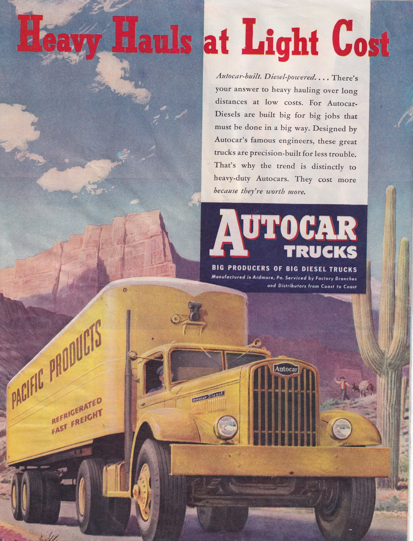 1946 Original Vintage Magazine Ad - Rare Americana - Autocar Trucks Heavy Hauls at Light Cost