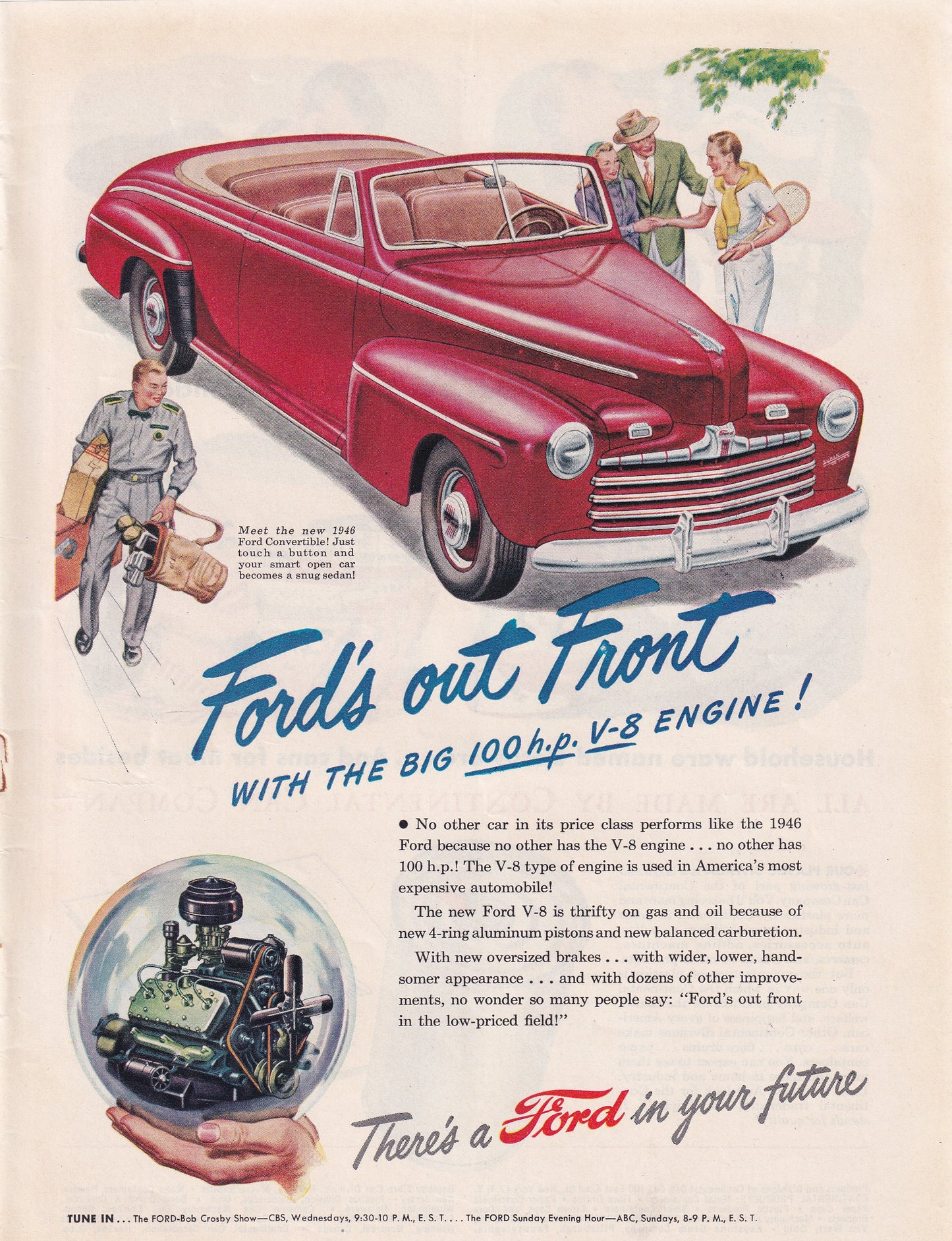 1946 Original Vintage Magazine Ad - Rare Americana - Ford's Out in Front V8 100 HP