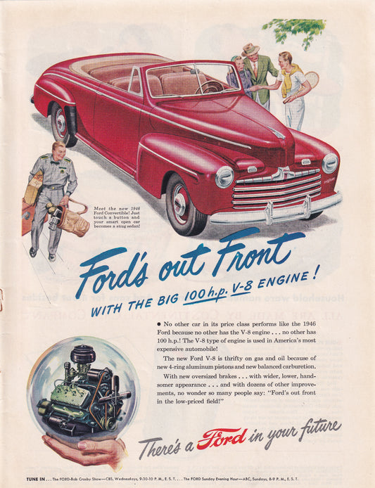 1946 Original Vintage Magazine Ad - Rare Americana - Ford's Out in Front V8 100 HP