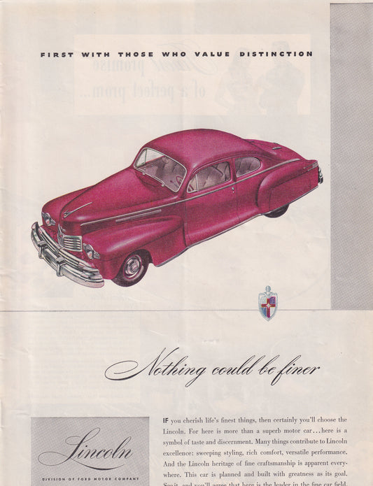 1946 Original Vintage Magazine Ad - Rare Americana - Lincoln Continental First With Those Who Value Distinction