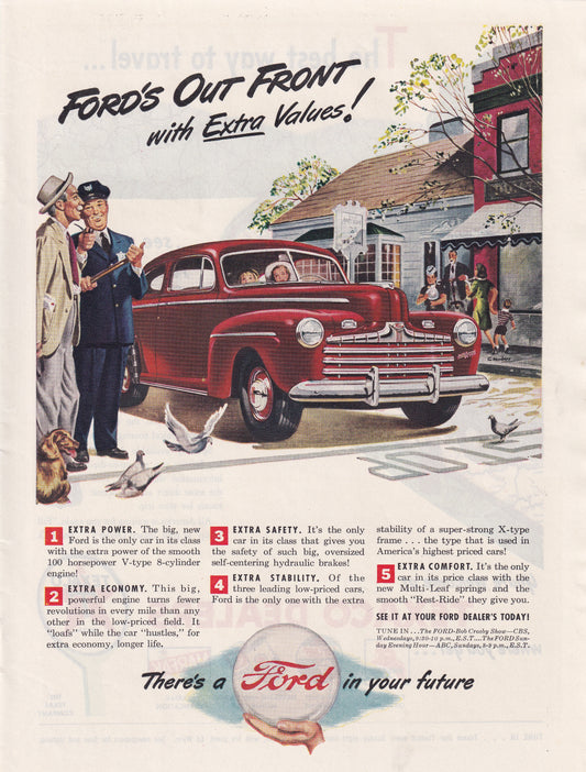 1946 Original Vintage Magazine Ad - Rare Americana - Ford's Out Front with Extra Value Extra Power