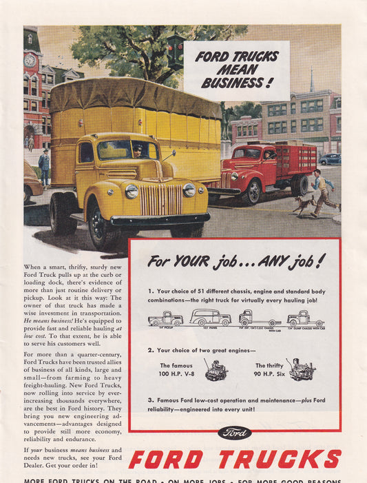 1946 Original Vintage Magazine Ad - Rare Americana - Ford Trucks Mean Business Freight and F-100