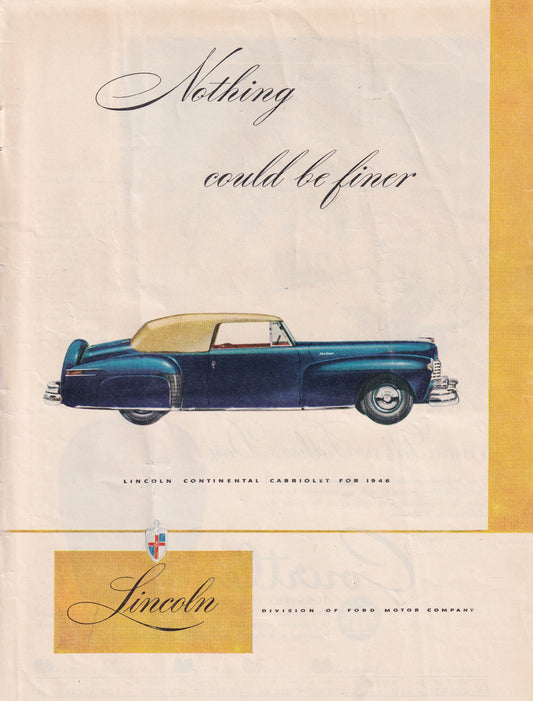 1946 Original Vintage Magazine Ad - Rare Americana - Lincoln Continental Cabriolet Nothing Finer