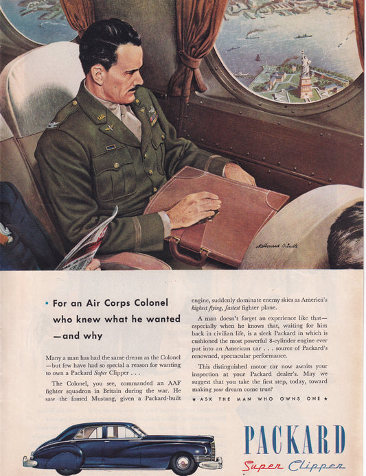 1946 Original Vintage Magazine Ad - Rare Americana - Packard Super Clipper Air Corps Colonel