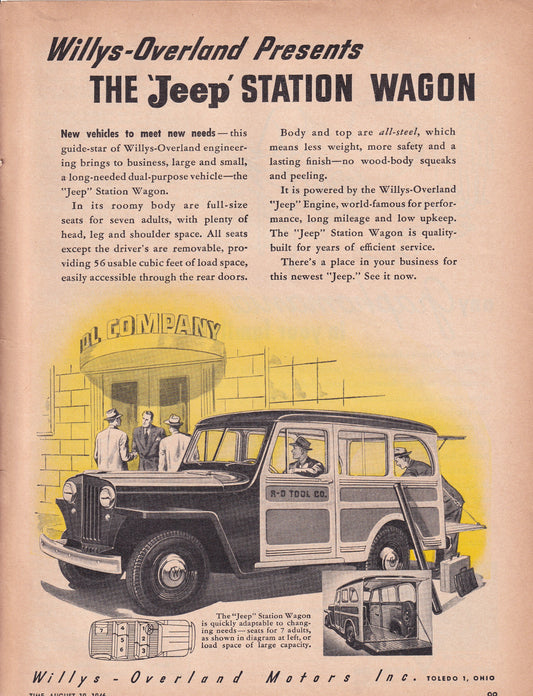 1946 Original Vintage Magazine Ad - Rare Americana - Willys Overland Jeep Station Wagon