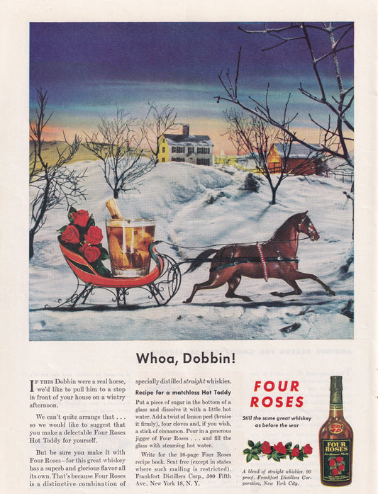 1946 Original Vintage Magazine Ad - Rare Americana - Four Roses Whiskey Horse Whoa Dobbin