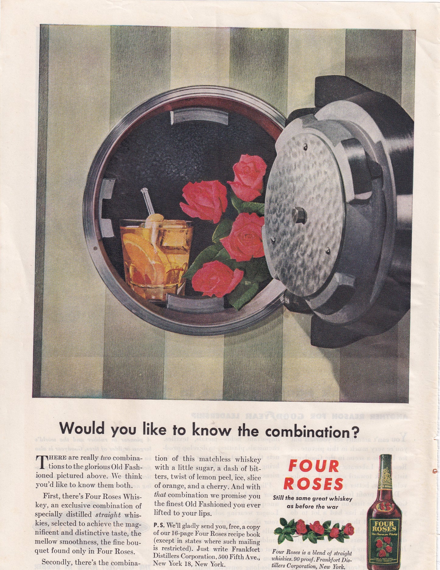1946 Original Vintage Magazine Ad - Rare Americana - Four Roses Whiskey Combination Safe
