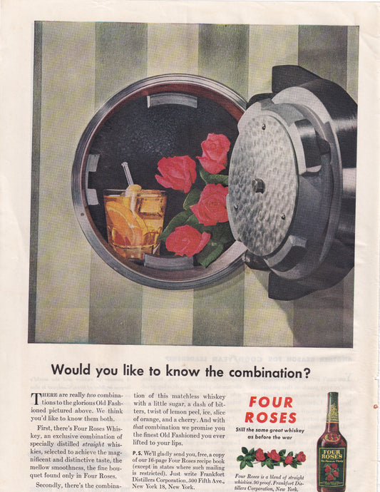 1946 Original Vintage Magazine Ad - Rare Americana - Four Roses Whiskey Combination Safe