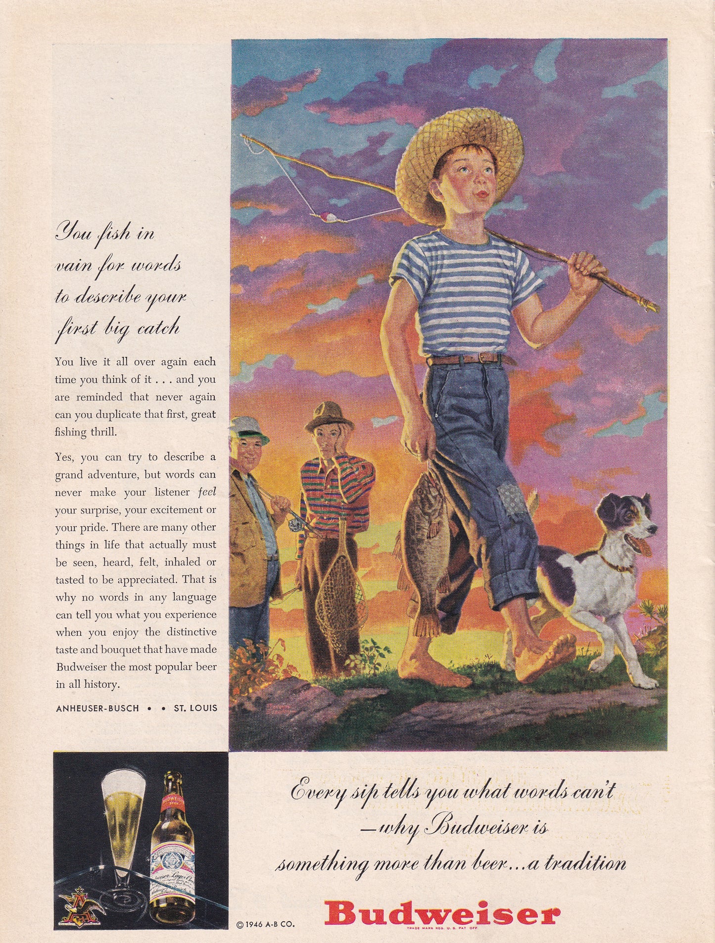 1946 Original Vintage Magazine Ad - Rare Americana - Budweiser Beer Boy and Dog Fishing