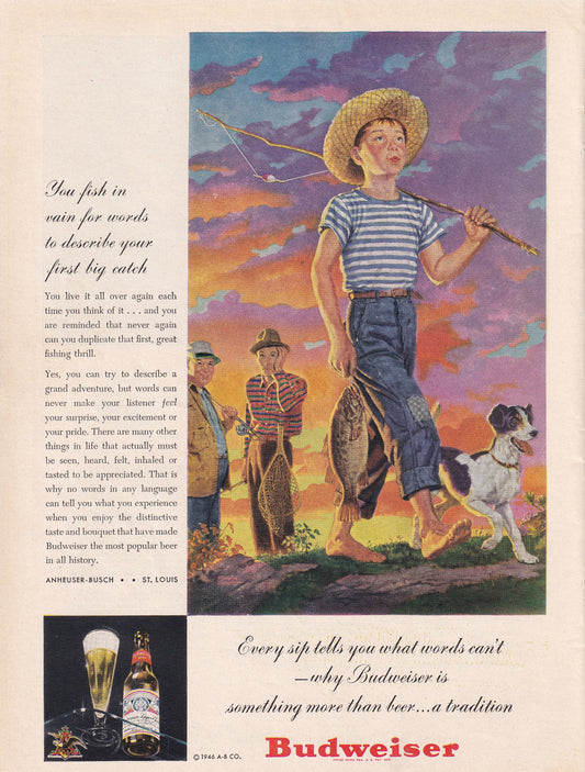1946 Original Vintage Magazine Ad - Rare Americana - Budweiser Beer Boy and Dog Fishing