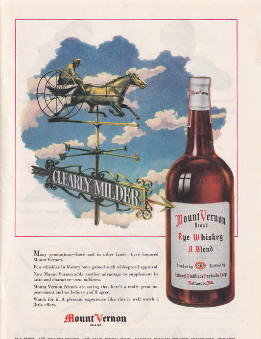 1946 Original Vintage Magazine Ad - Rare Americana - Mount Vernon Rye Whiskey Harness Racing Weather Vane
