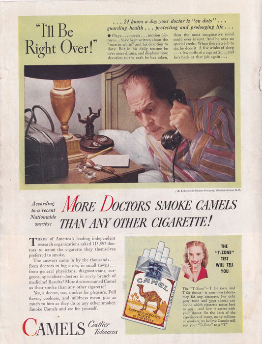 1946 BANNED Original Vintage Magazine Ad - Rare Americana - More Doctors Smoke Camels Than any Other Cigarette