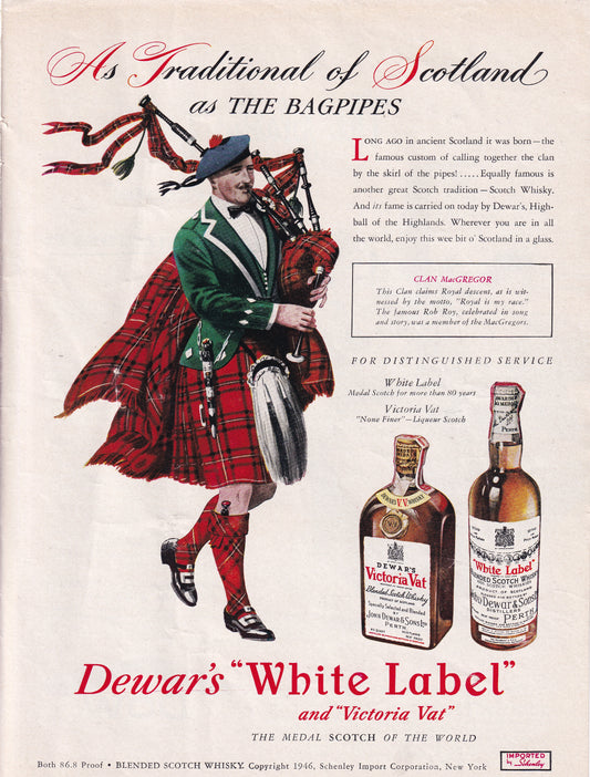 1946 Original Vintage Magazine Ad - Rare Americana - Dewar's White Label Traditional as Bagpipes Victoria Vat
