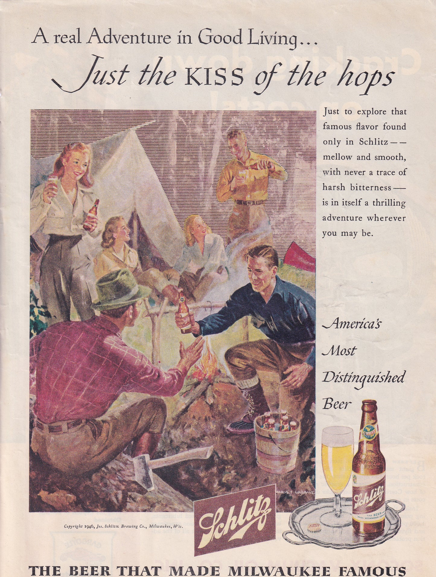 1946 Original Vintage Magazine Ad - Rare Americana - Schlitz Beer Camping Scene Kiss of the Hops