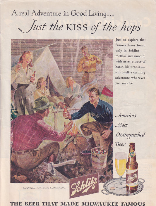 1946 Original Vintage Magazine Ad - Rare Americana - Schlitz Beer Camping Scene Kiss of the Hops