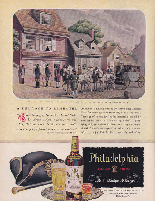 1946 Original Vintage Magazine Ad - Rare Americana - Philadelphia Heritage Whiskey George Washington Arriving at Betsy Ross' House