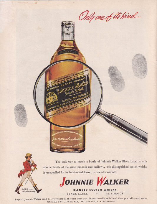 1946 Original Vintage Magazine Ad - Rare Americana - Johnnie Walker Whiskey Black Label Magnifying Glass Detective