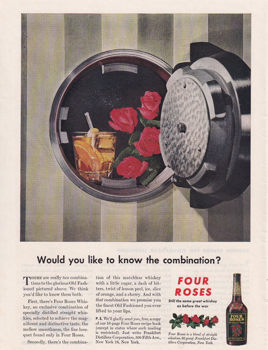 1946 Original Vintage Magazine Ad - Rare Americana - Four Roses Whiskey Safe Would You Like to Know the Combination