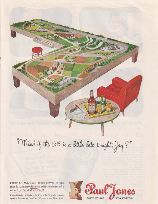 1946 Original Vintage Magazine Ad - Rare Americana - Paul Jones Whiskey Model Railroad Scene