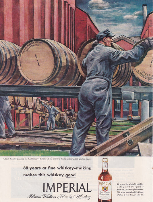1946 Original Vintage Magazine Ad - Rare Americana - Imperial Hiram Walkers Leaving the Rackhouses Zoltan Sepeshy